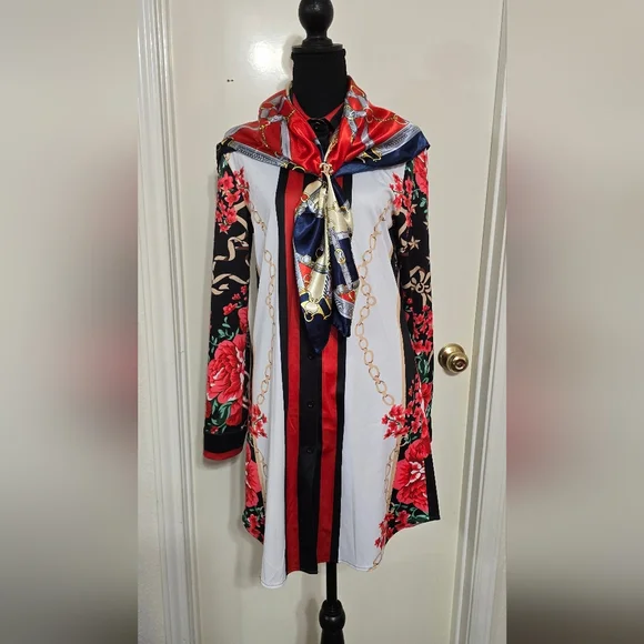 #00953 Floral Striped Button-Up Shirt Dress With Scarf - Picture 5 of 7